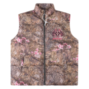 SP5DER Real Tree Puffer Vest featuring iconic camouflage pattern and pink branding, water-resistant insulated design.