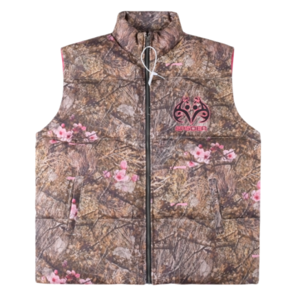 SP5DER Real Tree Puffer Vest featuring iconic camouflage pattern and pink branding, water-resistant insulated design.
