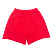 Red Sp5der OG logo sweatshorts featuring a comfortable premium cotton fabric with a relaxed fit for streetwear style.