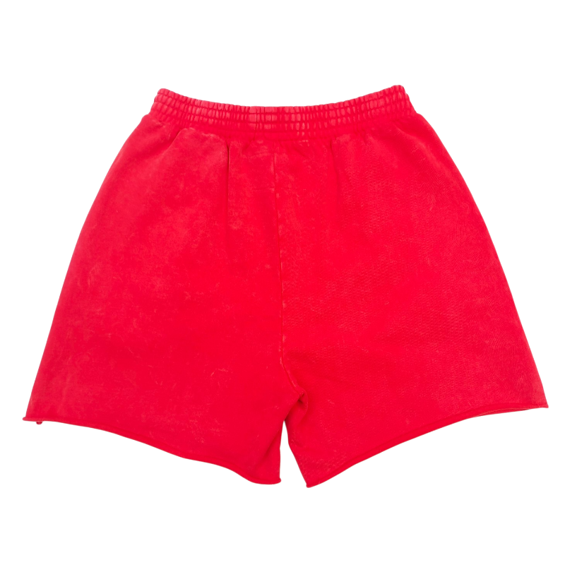 Red Sp5der OG logo sweatshorts featuring a comfortable premium cotton fabric with a relaxed fit for streetwear style.