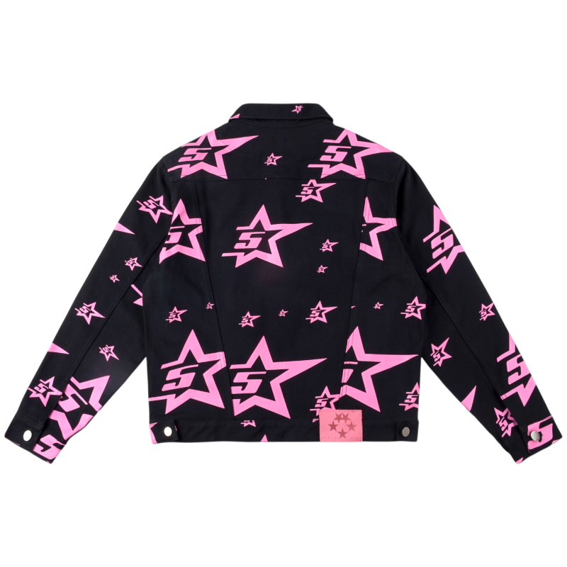 Back view of the iconic black Sp5der 5 Star Trucker Jacket featuring a bold pink star graphic streetwear pattern.