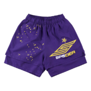 Sp5der SP5 Pro purple athletic performance shorts featuring a yellow spider web logo and star graphic print design.