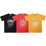Three Sp5der Web Pink Print T-shirts in black, red, and yellow, featuring bold web graphic designs for a streetwear look.