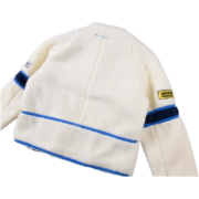Back view of the cream Sp5der Worldwide 555555 Hunters Sherpa Jacket with cozy fleece lining and stylish blue details.