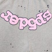 Detailed close-up of the Sp5der OG Web Logo printed on premium grey French Terry cotton streetwear sweat shorts.