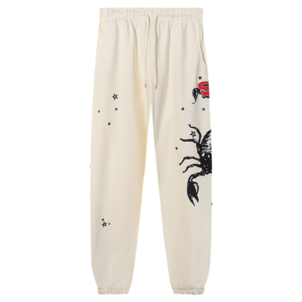 Sp5der x Mariah the Scientist Scorpion Sweatpants in cream featuring a distinctive black scorpion and star graphic print.