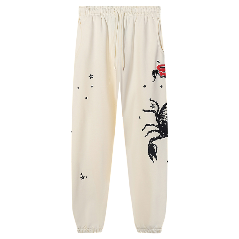 Sp5der x Mariah the Scientist Scorpion Sweatpants in cream featuring a distinctive black scorpion and star graphic print.