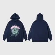 Front and back view of the Sp5der OG Web Hoodie in a rich Navy Blue color with a signature chest web graphic.