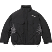 Front view of the black Supreme x Sp5der collab jacket featuring signature white web patterns and technical design.