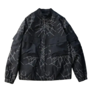 Front view of the black Sp5der Number Nine jacket featuring a bold web-like graphic print and functional cargo pockets.