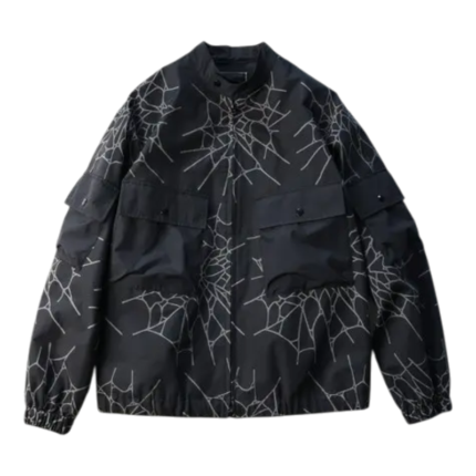 Front view of the black Sp5der Number Nine jacket featuring a bold web-like graphic print and functional cargo pockets.