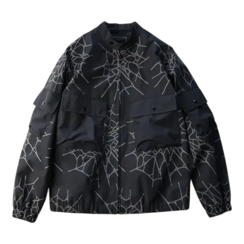 Front view of the black Sp5der Number Nine jacket featuring a bold web-like graphic print and functional cargo pockets.