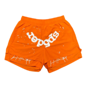 Sp5der OG Web Double Layer Orange shorts featuring a signature streetwear design and an iconic white web graphic print.