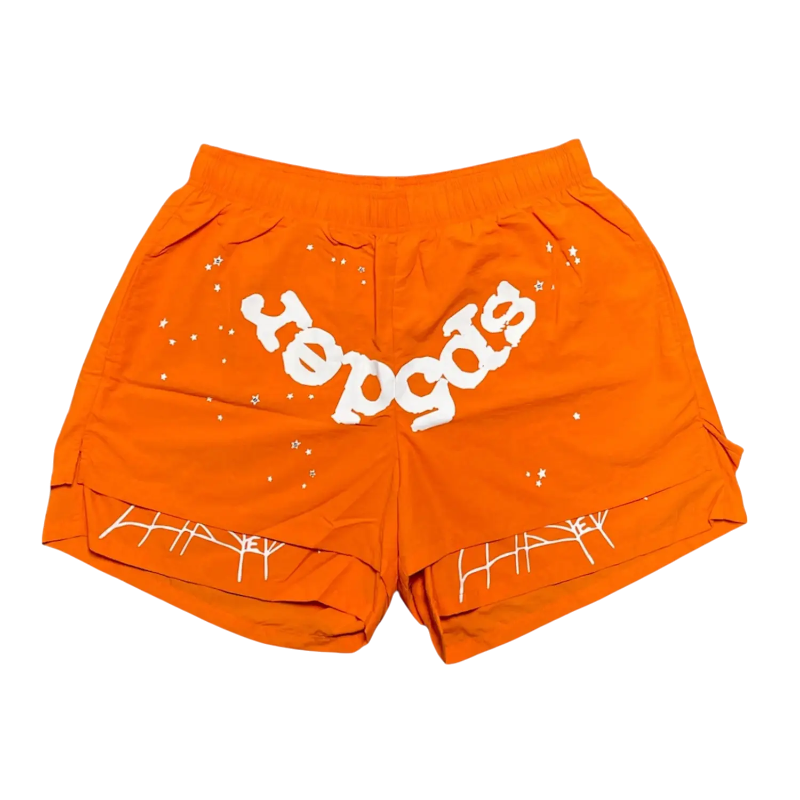 Sp5der OG Web Double Layer Shorts in bright orange featuring the signature white web graphic and streetwear aesthetic.