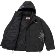 A black Supreme x Sp5der collaboration jacket with a web design, displayed in an open view for streetwear enthusiasts.