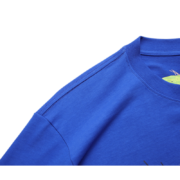 Detail view of the royal blue SP5DER Young Thug t-shirt, highlighting the premium fabric and collar stitching.