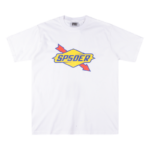 A white Sp5der The Spot graphic t-shirt featuring a yellow diamond logo with red arrow accents and urban streetwear style.