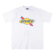 A white Sp5der The Spot graphic t-shirt featuring a yellow diamond logo with red arrow accents and urban streetwear style.