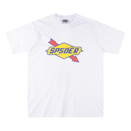 A white Sp5der The Spot graphic t-shirt featuring a yellow diamond logo with red arrow accents and urban streetwear style.