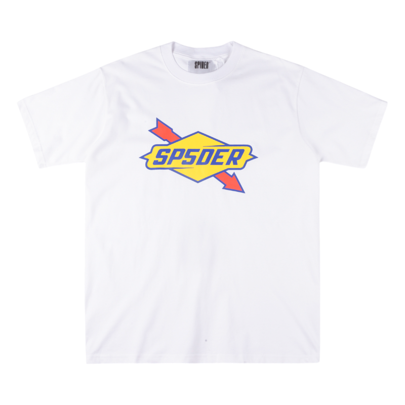 A white Sp5der The Spot graphic t-shirt featuring a yellow diamond logo with red arrow accents and urban streetwear style.
