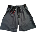 Front view of the grey Sp5der Active TECH performance shorts, featuring moisture-wicking fabric and signature logos.