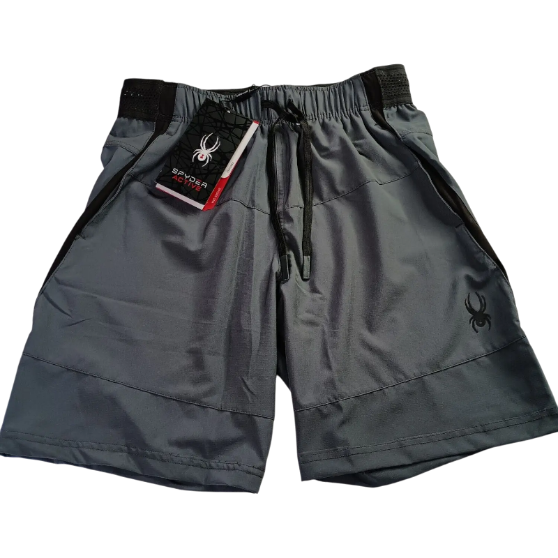Front view of the grey Sp5der Active TECH performance shorts, featuring moisture-wicking fabric and signature logos.