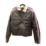 Sp5der Trucker Jacket featuring a sherpa collar and intricate rhinestone web design on premium street-style denim fabric.