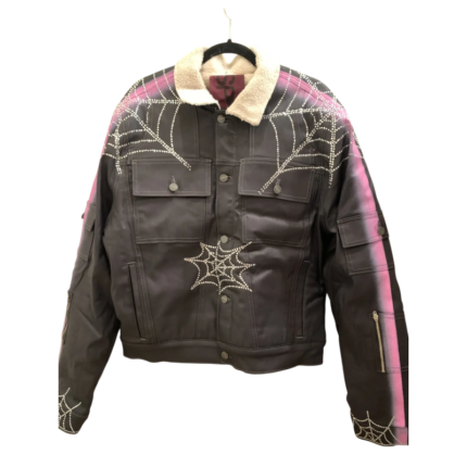 Sp5der Trucker Jacket featuring a sherpa collar and intricate rhinestone web design on premium street-style denim fabric.