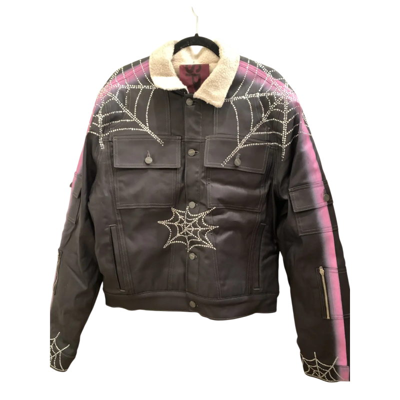 Sp5der Trucker Jacket featuring a sherpa collar and intricate rhinestone web design on premium street-style denim fabric.