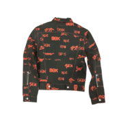 Back view of the Sp5der 5ex AOP Denim Trucker Jacket featuring a bold red all-over print design on black denim.
