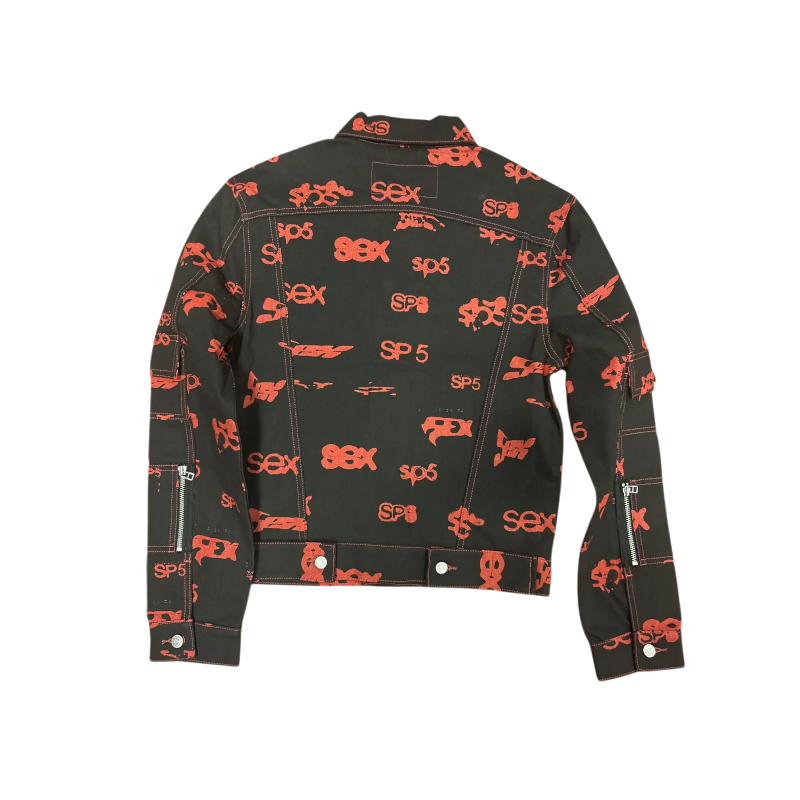Back view of the Sp5der 5ex AOP Denim Trucker Jacket featuring a bold red all-over print design on black denim.