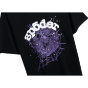 Black Sp5der T-shirt featuring a detailed purple spider web graphic and the iconic brand logo inscription design.