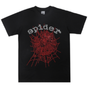 Black Thug Sp5der t-shirt featuring a striking red rhinestone spider web graphic on the front for a bold street style.