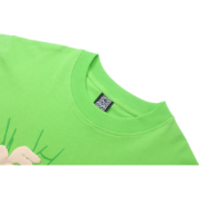 Close-up view of the green Sp5der Wait Web T-shirt showing the ribbed neckline detail and branded fabric label.