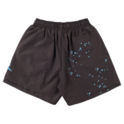 Black Sp5der sports shorts featuring an embroidered logo and a stylish blue five-star graphic print design.