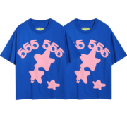 This Sp5der Worldwide Star blue T-shirt features a vibrant blue fabric with a prominent pink star graphic and 555 branding.