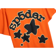 Bright orange Sp5der Worldwide T-shirt featuring a bold black star graphic design on the chest.