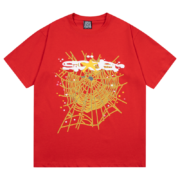 Bright red SP5DER T-shirt featuring a detailed Gothic punk web print design on the front for a stylish edgy look.