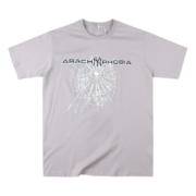 Sp5der Arach NY Phobia Tee in gray featuring a distinctive spider web graphic and urban streetwear branding style.
