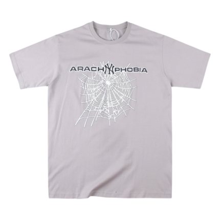 Sp5der Arach NY Phobia Tee in gray featuring a distinctive spider web graphic and urban streetwear branding style.