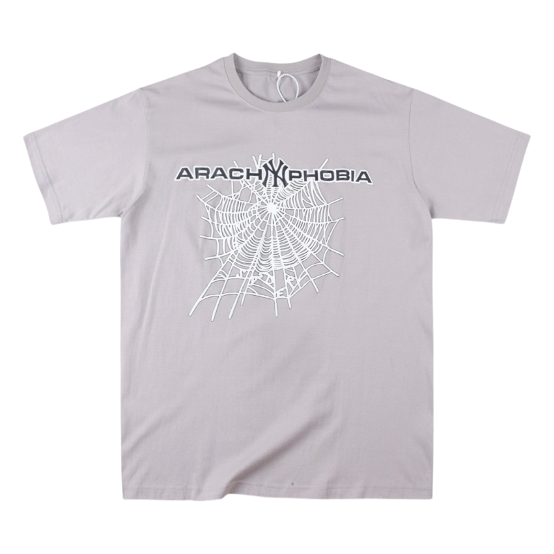 Sp5der Arach NY Phobia Tee in gray featuring a distinctive spider web graphic and urban streetwear branding style.