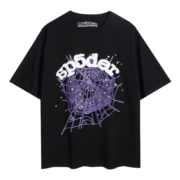 Black Sp5der T-shirt featuring a detailed purple spider web graphic and the iconic brand logo inscription on the front.