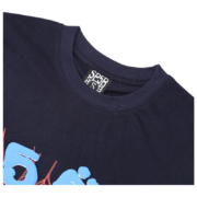 Close-up view of the Sp5der 555 Young Thug T-shirt authentic neck tag and premium cotton fabric design details.