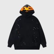 Sp5der Heavy Web Hoodie in black featuring a streetwear design with star graphics and a detailed web print on the hood