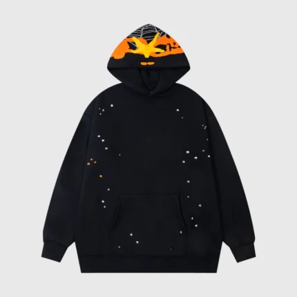 Sp5der Heavy Web Hoodie in black featuring a streetwear design with star graphics and a detailed web print on the hood