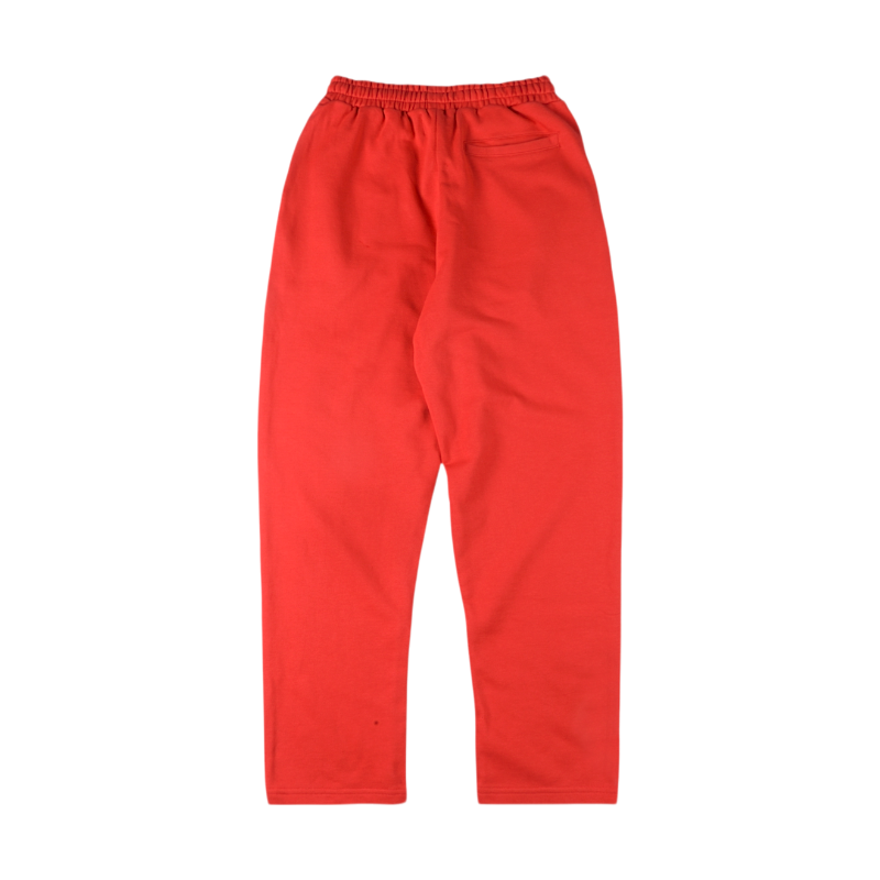 Back view of the vibrant red Sp5der Atlanta open leg sweatpants featuring a comfortable relaxed fit design.
