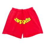 Front view of a red Sp5der OG logo sweatshort featuring premium fabric and a comfortable relaxed streetwear fit.