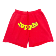 Front view of a red Sp5der OG logo sweatshort featuring premium fabric and a comfortable relaxed streetwear fit.