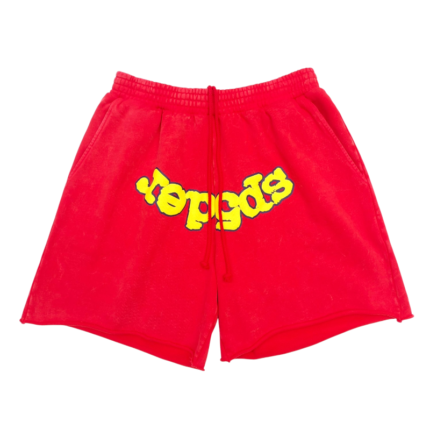 Front view of a red Sp5der OG logo sweatshort featuring premium fabric and a comfortable relaxed streetwear fit.