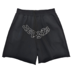 Sp5der black sweatshorts featuring an embroidered iconic OG logo in a comfortable, premium, modern streetwear style.